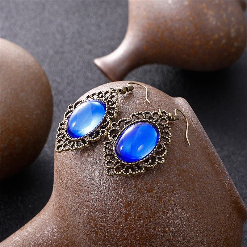 Винтажная Капля воды синий красный драгоценный камень массивные серьги для