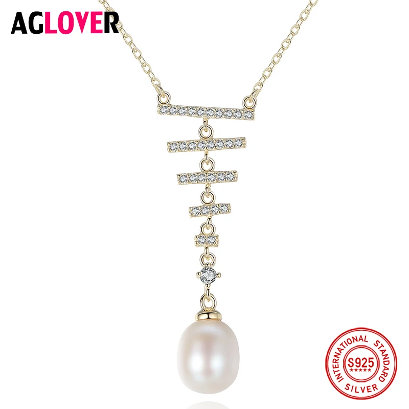 

AGLOVER Free Shipping 100% 925 Silver Chain AAA Zircon Pearl Necklace Pendant Natural Freshwater Pearl Jewelry Link Women Gift