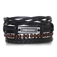 famshin 4pcs luxury cross classic brown beads mens leather bracelet for man vintage multilayer braided hand bracelet mens gift