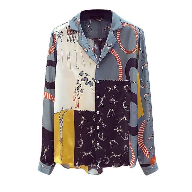 

2021 Spring Autumn Women's Contrast Color Shirt New Korean Retro Printed Shirt Women Loose Fashion Long-sleeved Shirt Woman