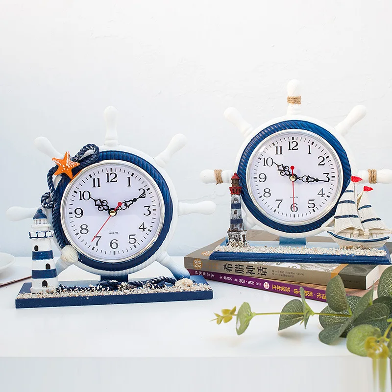 

Mediterranean Table Clocks Creative Pirate Ship Helmsman Wood Clock Living Room Bedroom Ocean Decoration Ornaments Handicrafts