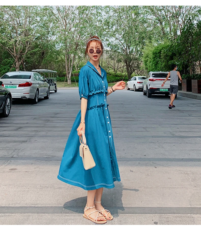 

Women Short Sleeve Blue Dress 2020 Summer New Office Lady Slim Casual Splice Design Long Party Dress 7755