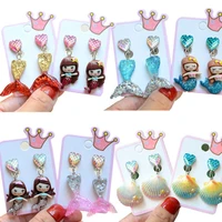 1pair cartoon mermaid shell fake earrings non piercing clip on ear clips princess play jewelry earrings eardrop for little girls