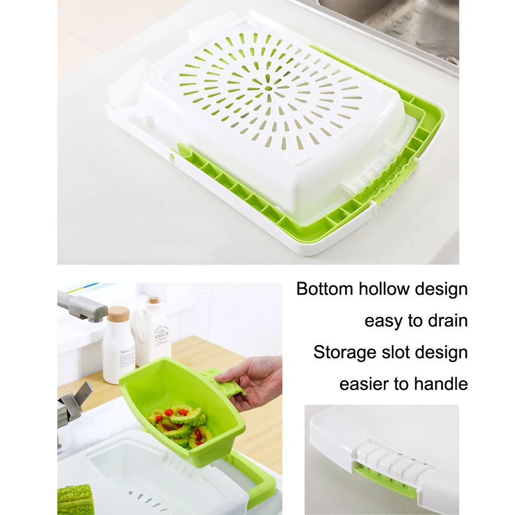 

2020 New Multi-function Kitchen Cutting Board 3-in-1 Storage Basket Vegetable Fruit Drain Rack Household Sink Food Holder