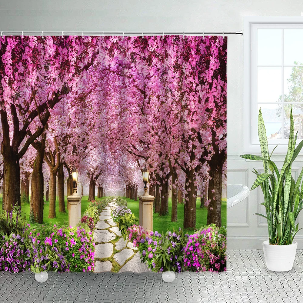 spring rural landscape shower curtains set pink flowers tree forest natural floral green plant scenery with hooks bathroom decor free global shipping