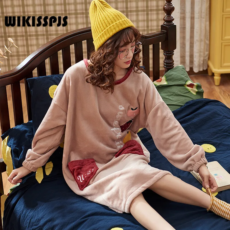 

Зимняя женская ночная рубашка WIKISSPJS с круглым вырезом, новая фланелевая теплая удобная домашняя одежда с длинными рукавами
