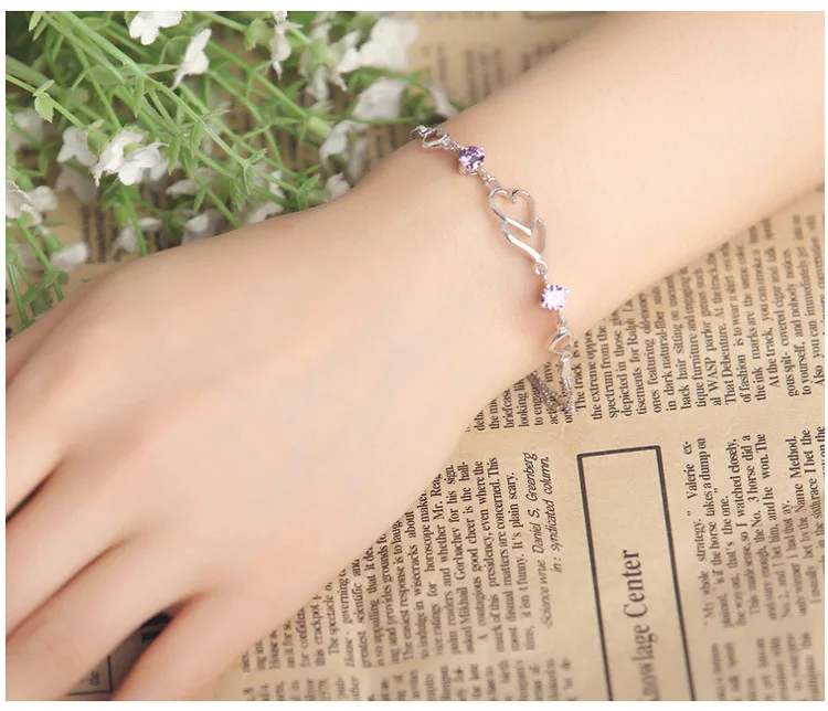 

D07 Fashion 925 Silver Double Heart Simulate Real Heart Ink Heart with Heart Bracelet Female Hand Jewelry
