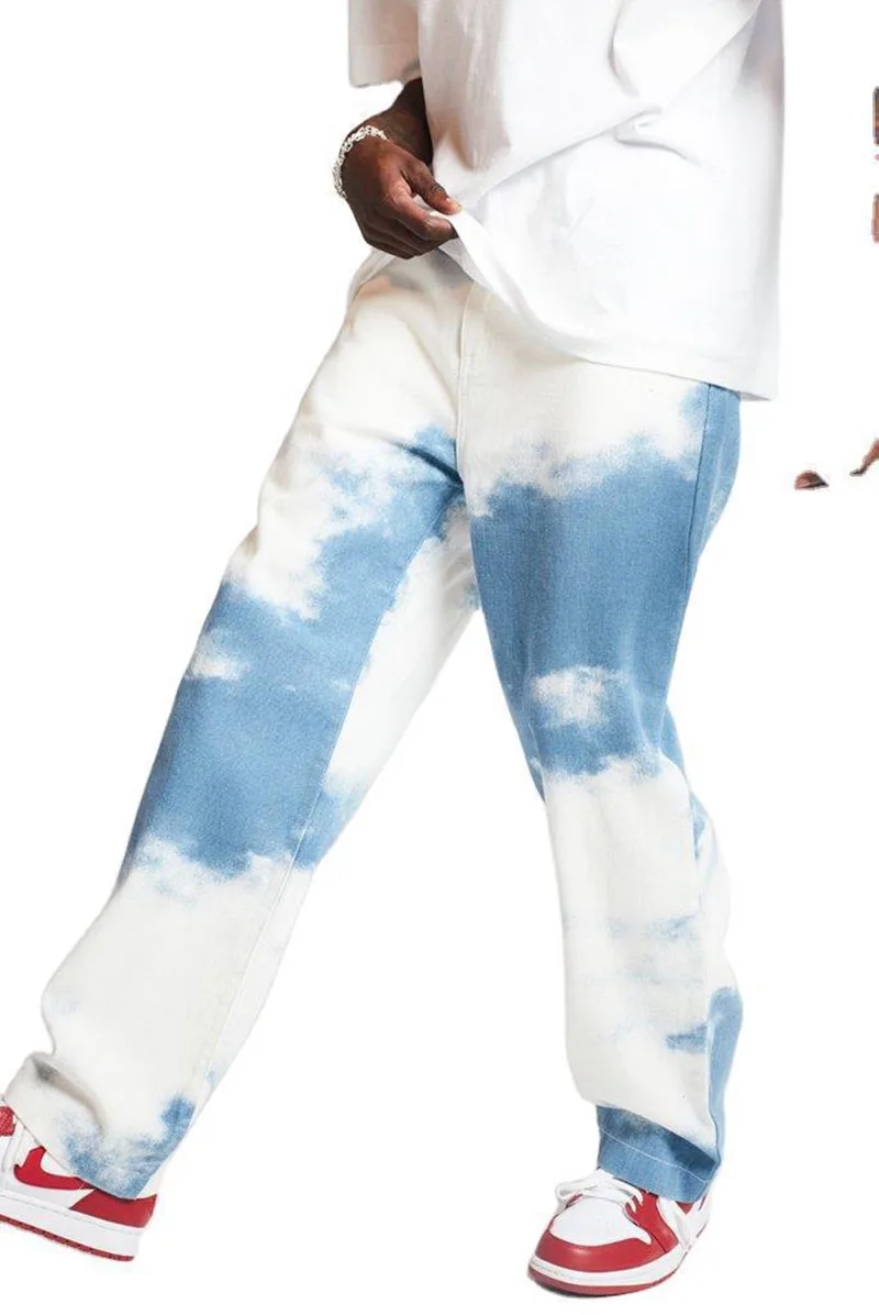 

New 2020 men's Wide leg pantsloose white washed straight tie-dye denim trousers spot casual pants