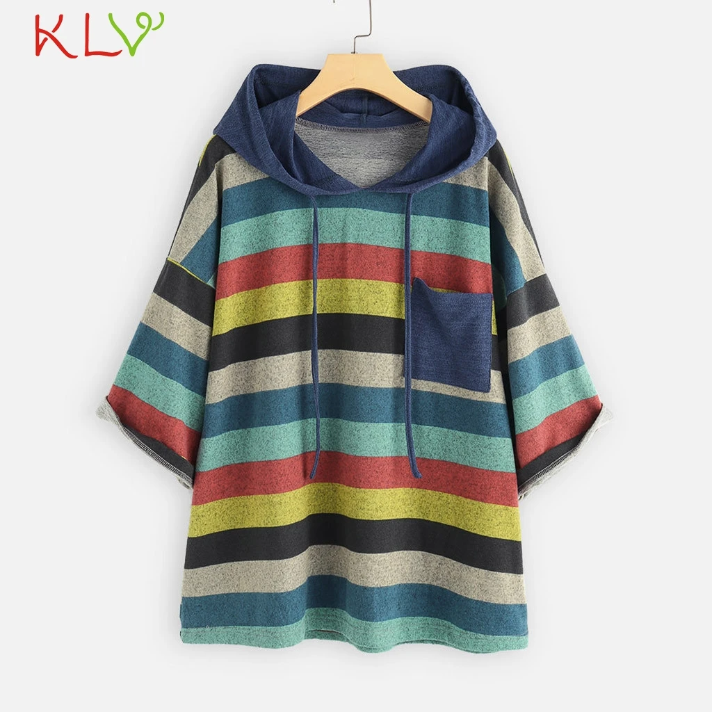 Женская толстовка с капюшоном Радужный Полосатый Тонкий пуловер карманами