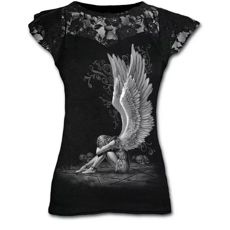 

Plus Size Goth Graphic Lace T Shirts for Women Gothic Clothing Black Grunge Punk Tees Ladies Y2k Short Sleeve Tops Summer Tshirt