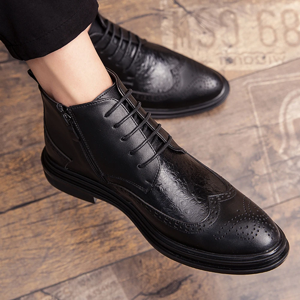 Мужские кожаные ботинки броги модные уличные мотоциклетные осенне-зимняя обувь