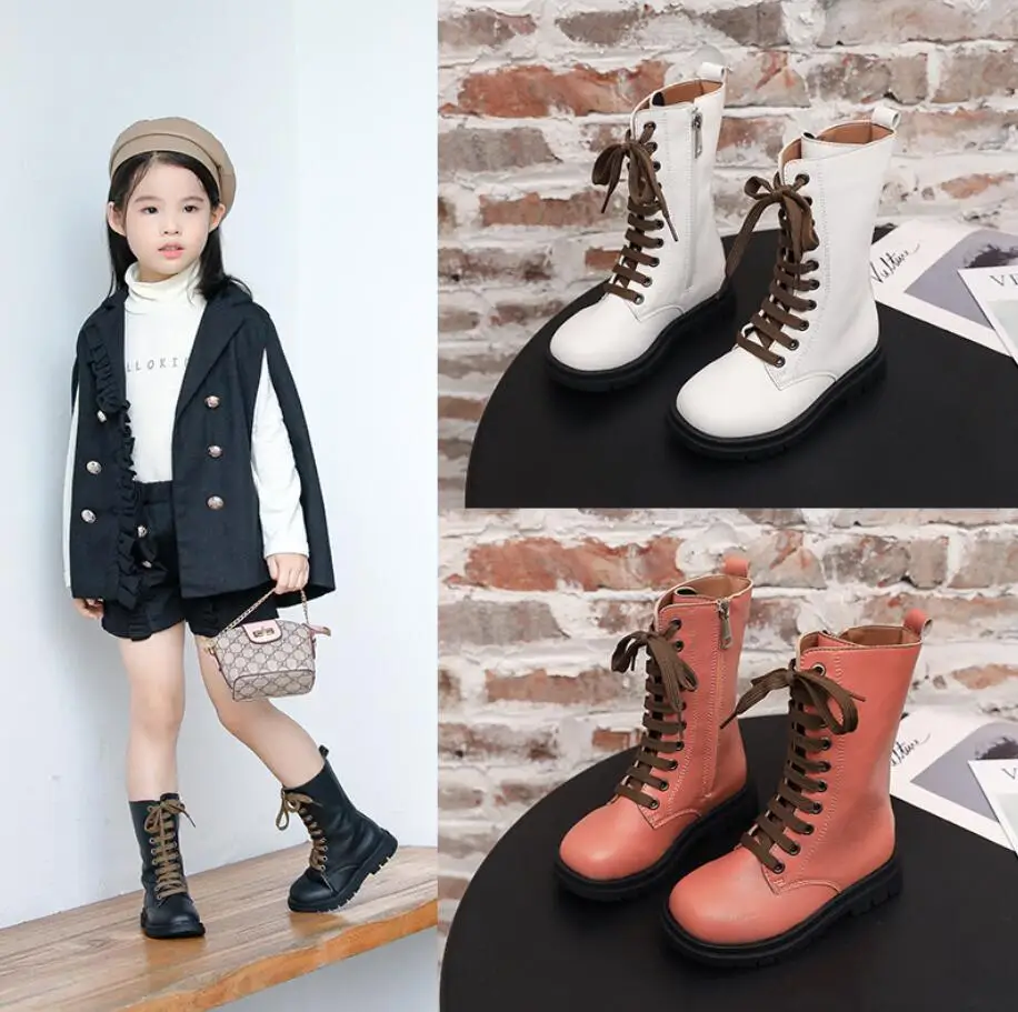 Детские кожаные ботинки на плоской подошве Осень зима 2020 брендовые мартинсы до