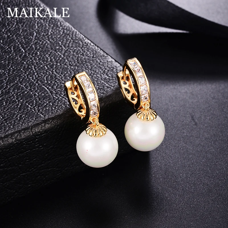 Женские серьги подвески с жемчугом MAIKALE круглые большие корейские фианитом