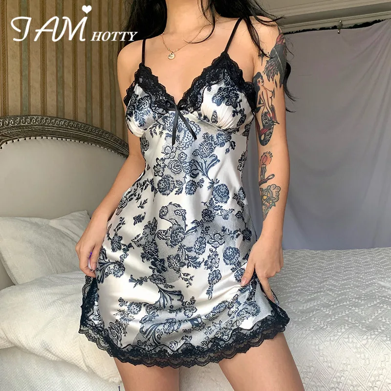 

IAMHOTTY Y2K Boho Lace Patchwork Slit Dress For Women Bow Milkmaid Sleeveless Casual Sundress Floral Printed Aesthetic Outfit