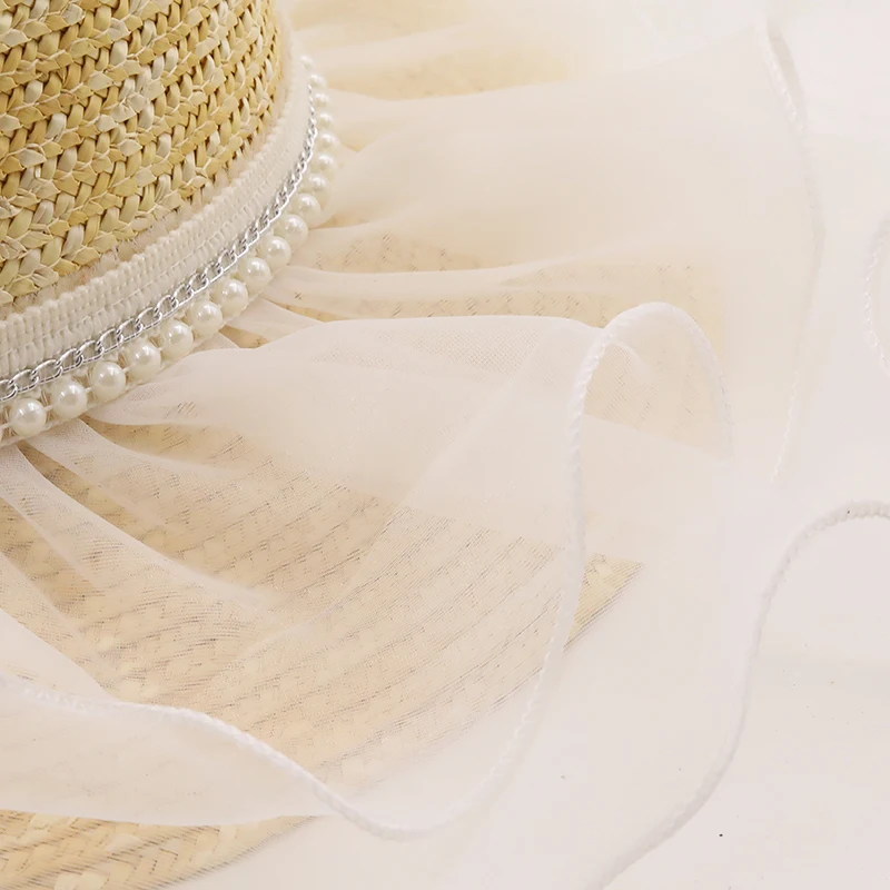 Новая женская соломенная шляпа из натуральной пшеницы кружевная жемчужная лента