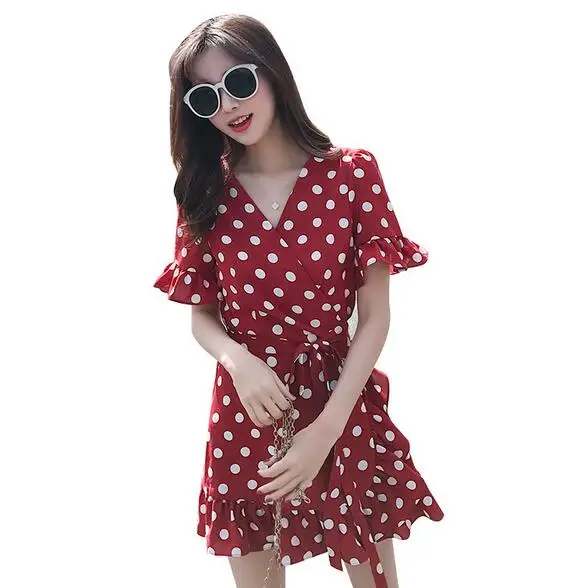 2019 Hot Ruffles Dot Print Summer Dress Vintage Irregular Bow Wrap Short Women Chic Chiffon White Red DF293 | Женская одежда
