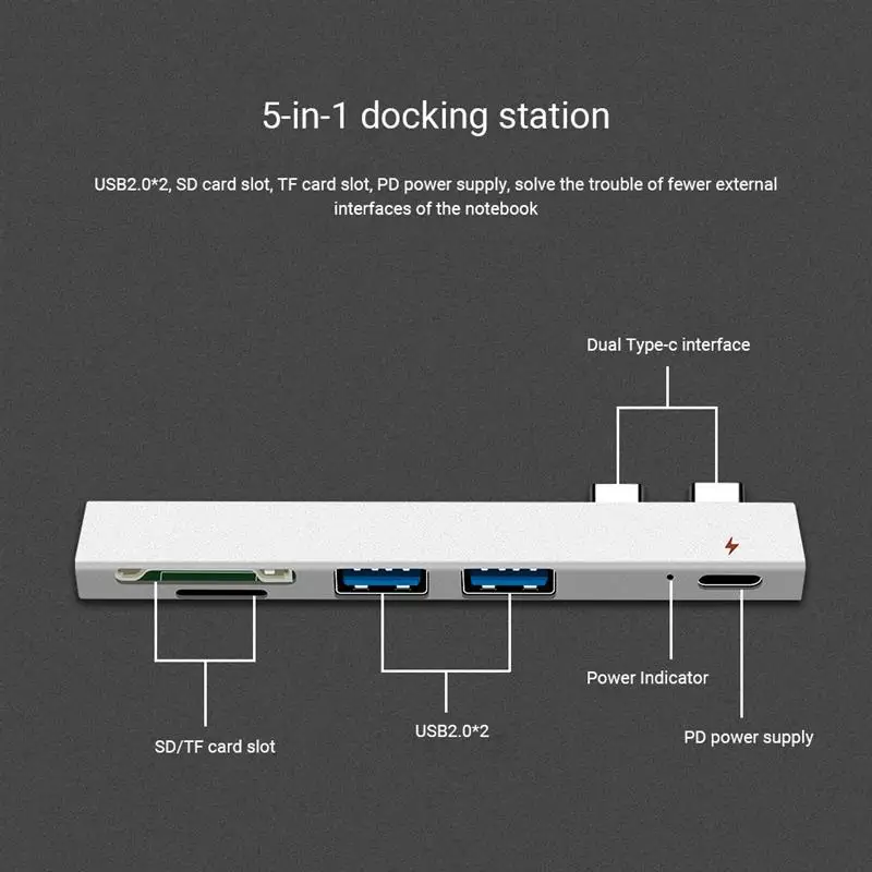 

5 In 1 USB Hub SD TF Card Reader Cable Adapter PD Charge Type C Docking Station Aluminum Alloy Hub for Laptop PC Computer