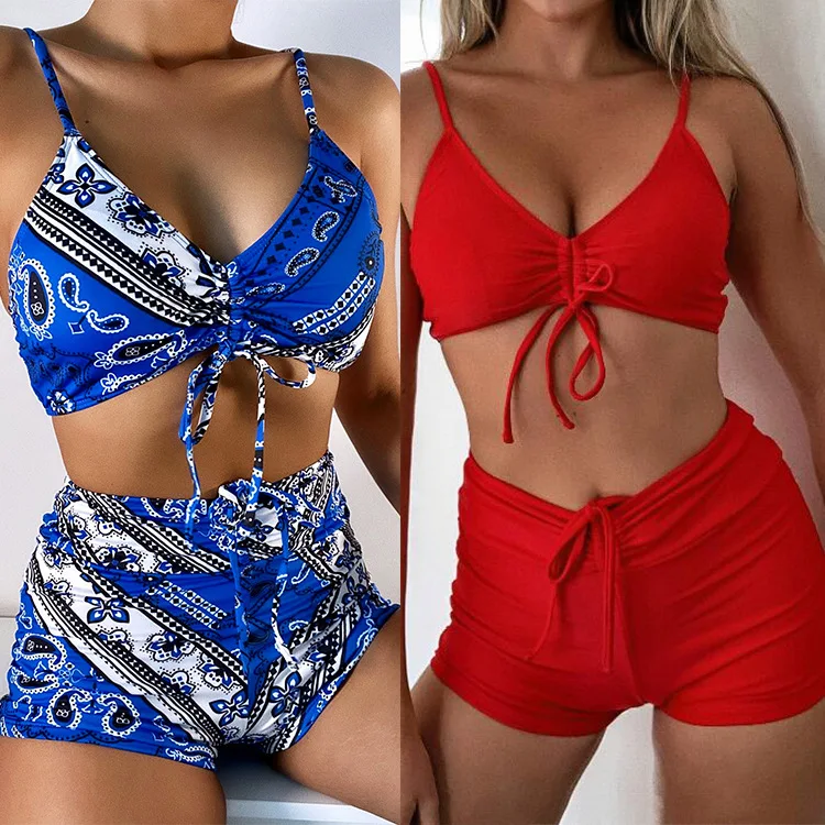 

Sexy Print Two Piece Bikinis Swimsuits Cami Lace Up Top High Waist Shorts Push Up Bathing Suit Beach Holiday Swimwear Monokinis