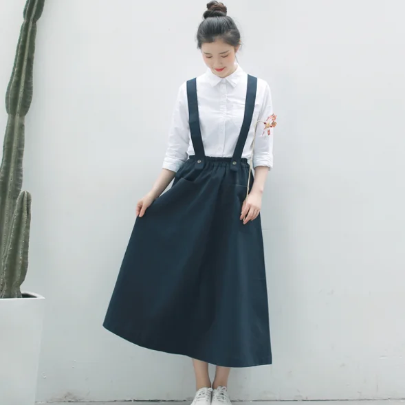 Юбка-миди женская из хлопка и льна с высокой талией карманами в стиле преппи DG761