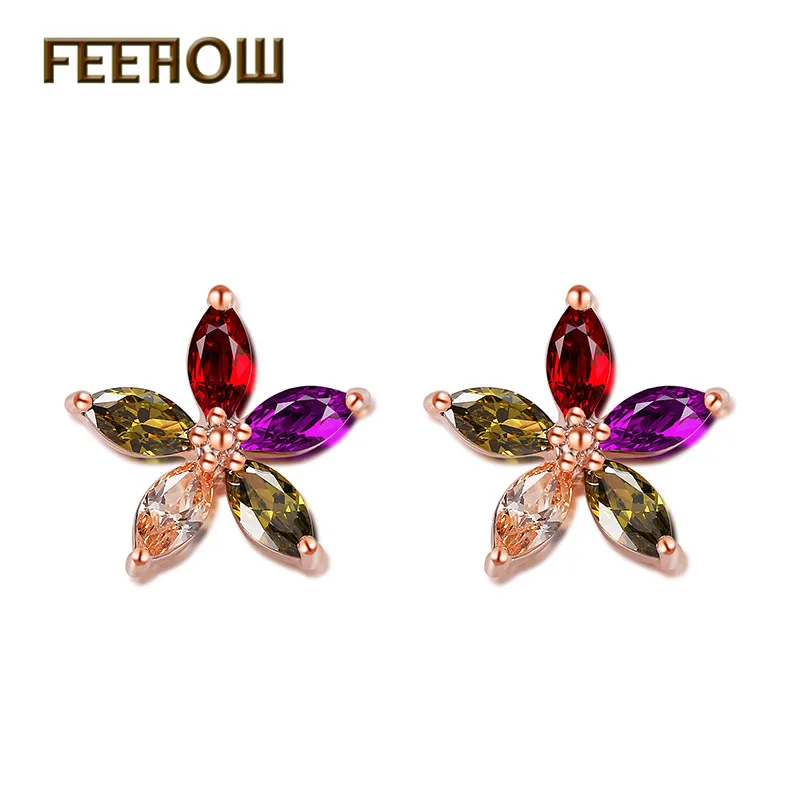 FEEHOW разноцветные камни CZ серьги для женщин цветок кубический цирконий Кристалл