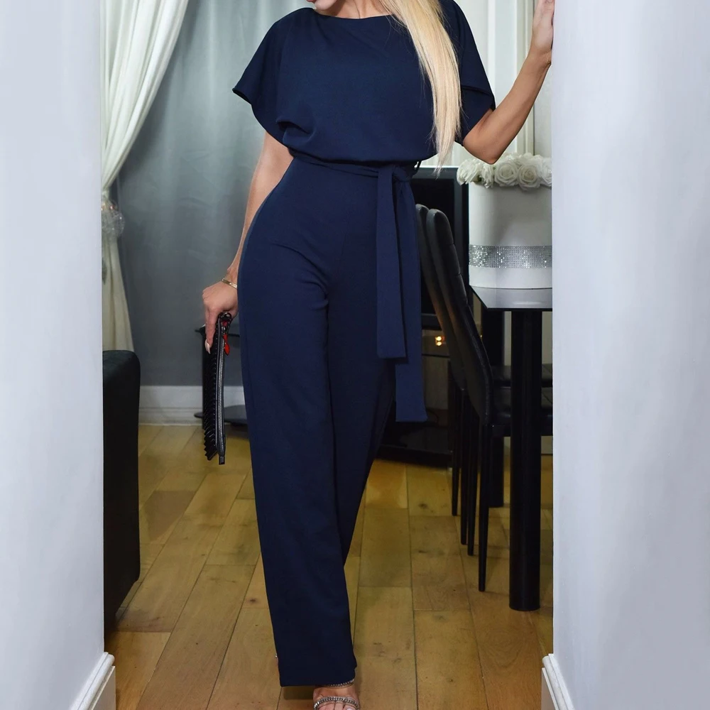 Комбинезон женский офисный с коротким рукавом элегантный длинный свободный