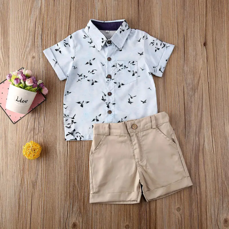 

AA 2020 Toddler Kids Baby Boy Button Shirt Tops+Shorts Pants Clothes Outfits Summer Boys Clothing Sets