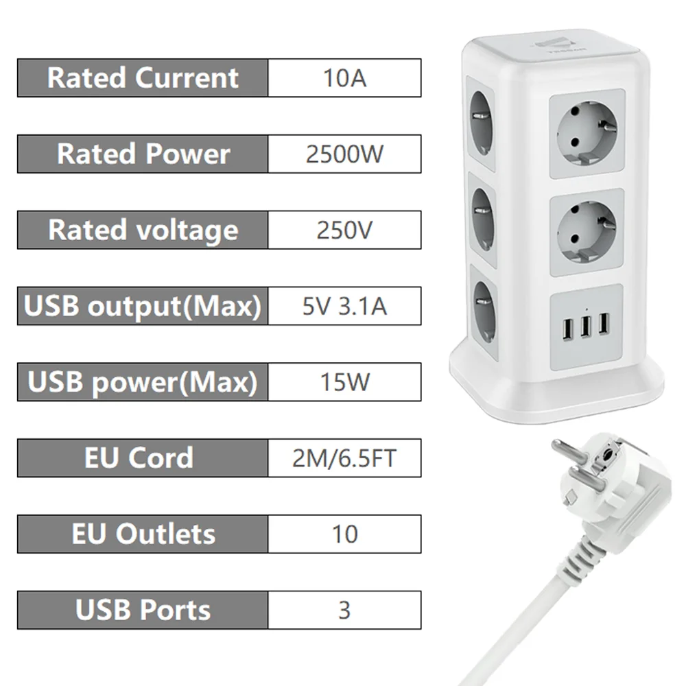 Сетевой удлинитель TESSAN с 3 USB-портами и 11 розетками | Электроника