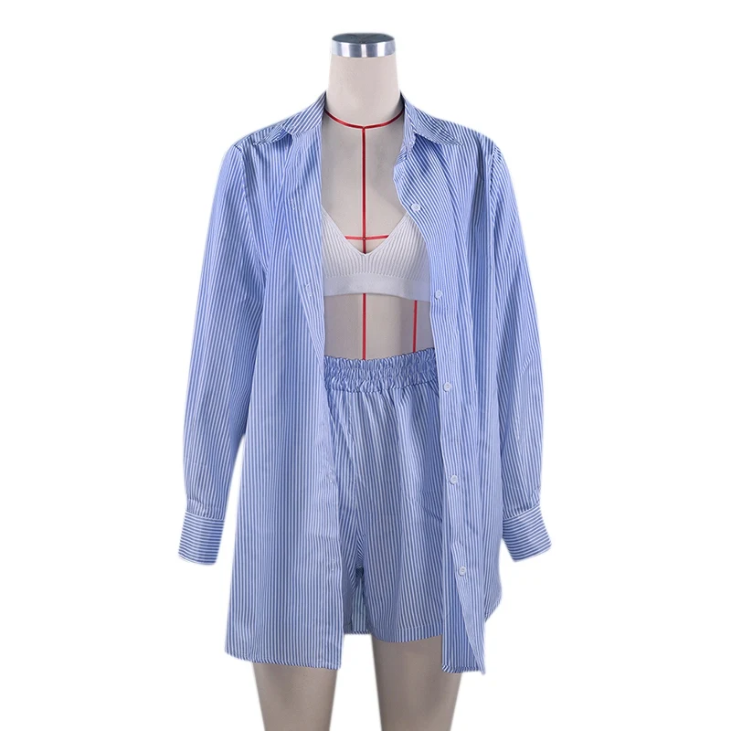 

Женская рубашка, популярная рубашка в полоску с длинным рукавом и высокой талией, повседневные короткие брюки, модные женские комплекты из 2...