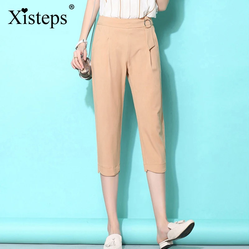 

Xistpes новые женские шаровары до середины икры Длина штаны с эластичной резинкой на талии, прямые свободные Ol Стиль тонкий Открытая Летняя обу...