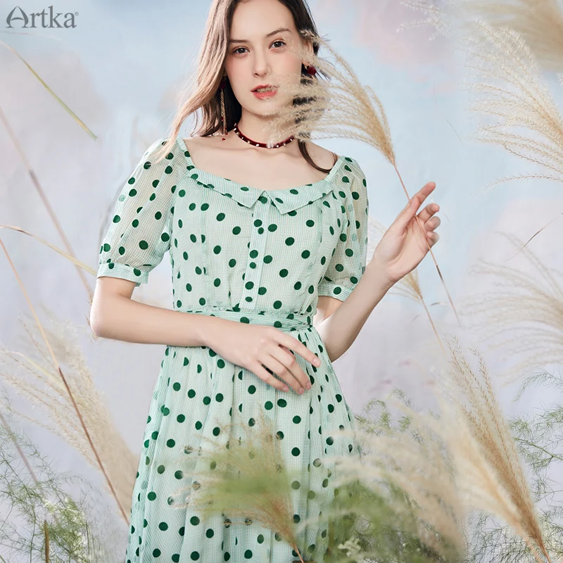 Платье ARTKA женское шифоновое с поясом винтажное длинное французское платье в