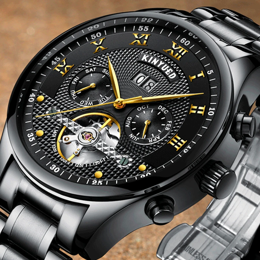 

KINYUED Top Brand Luxury Men Mechanical Watches Waterproof Stainless Steel Automatic Black Wristwatches Men Relogio Masculino