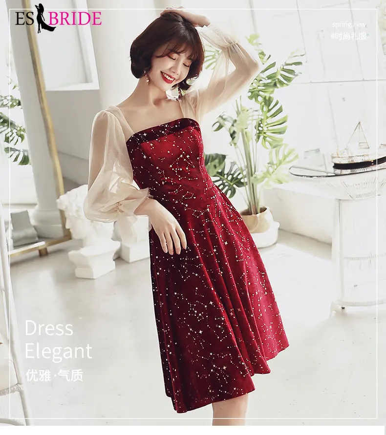 

Robe De Soiree Velour Burgundy Prom Dress A-line Full Sleeves Sparkly Short Evening Dresses Special Occasion Gowns