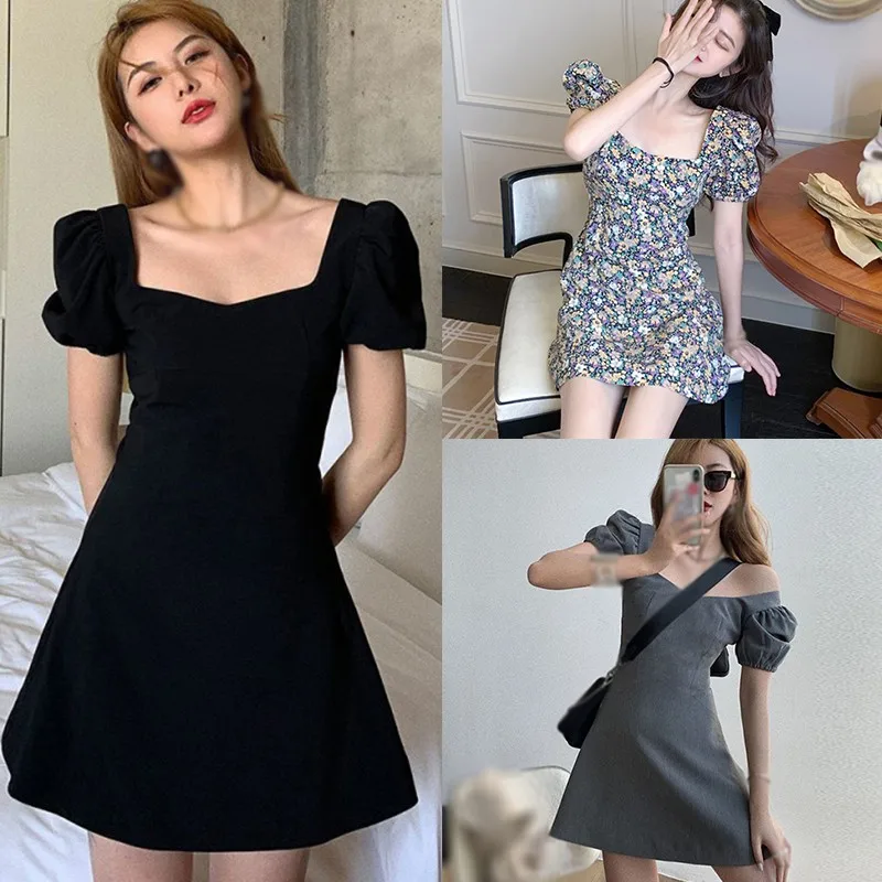 

Vestidos Vintages Woman Dress Korean Square Collar Dresses Puff Sleeves High Waist Temperament Age Reduction Vestido De Mujer