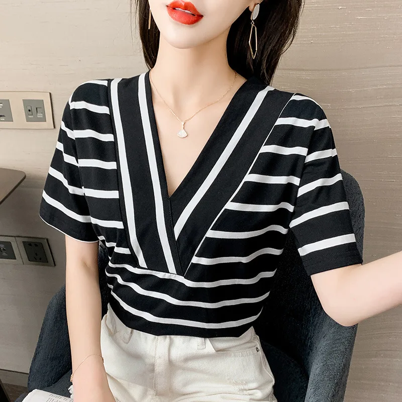 

Elegant Striped Deep V Women Cotton T-shirt Short Sleeve Summer Shirts Streetwear Office Lady Women Tops Fashion 2021 New
