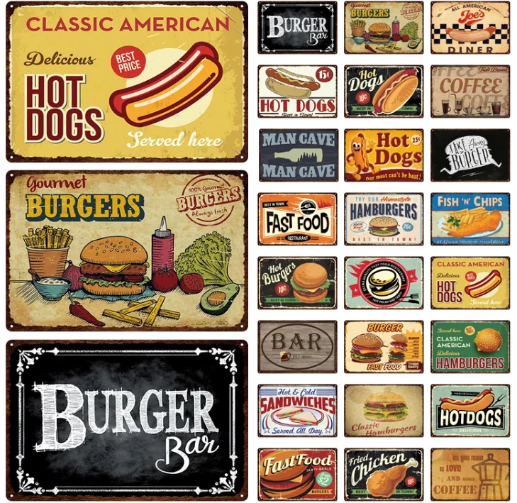 

Vintage Hamburger Metal Sign Tin Poster Fast Food Bar Cafe Retro Decor Metal Painting Wall Sticker Kitchen Room Art Decorations