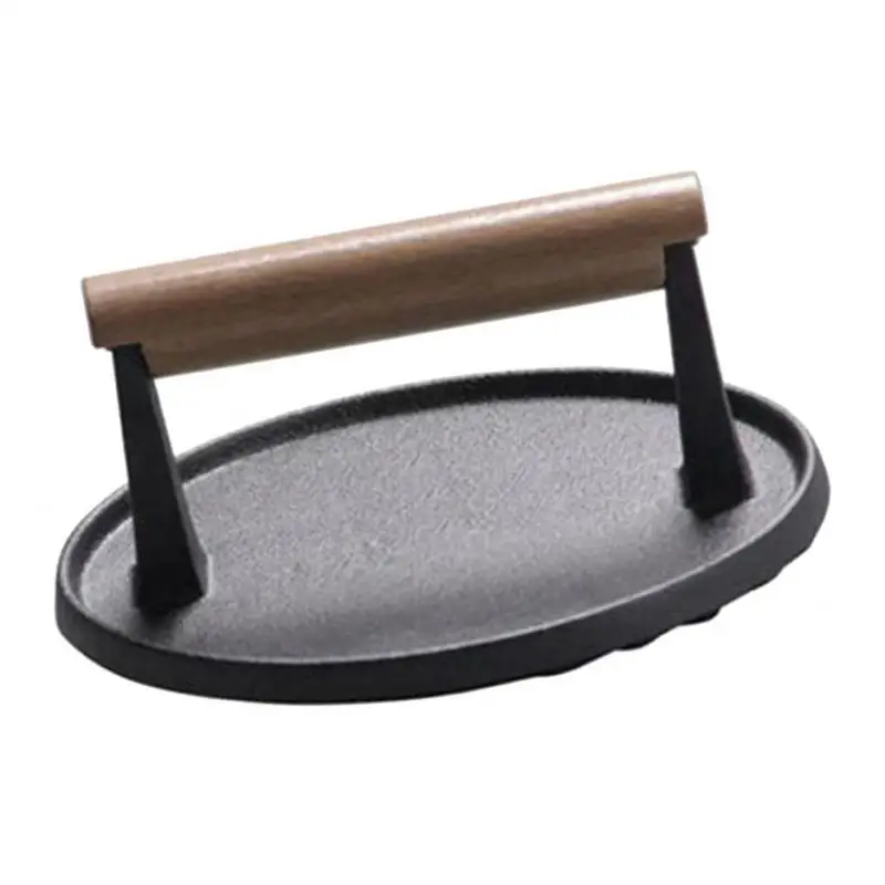 

Cast Iron Barbecue Grill Steak BBQ Bacon Sausage Press With Wooden Handle
