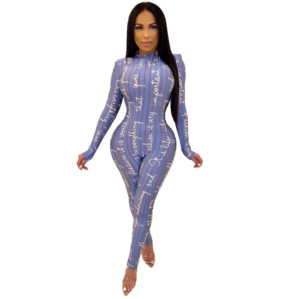 Синий с высоким воротом Длинный рукав обтягивающие в полоску принтом виде букв