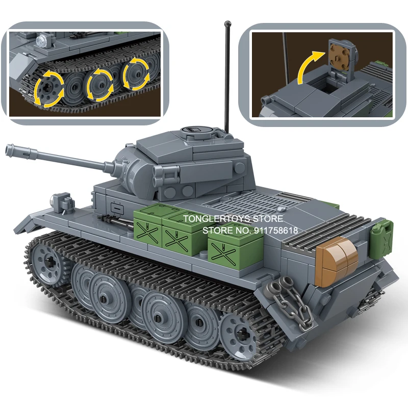 

WW2 Military Army Soldier Figures Building Blocks German Luchs Light Tank 503PCS Set With 3 Soldiers Weapons Gift Toy For Kids