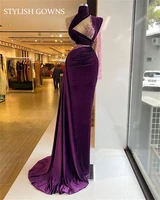 dark purple velvet mermaid evening dress beaded dresses for women high neck party gown vestidos de fiesta de noche largos
