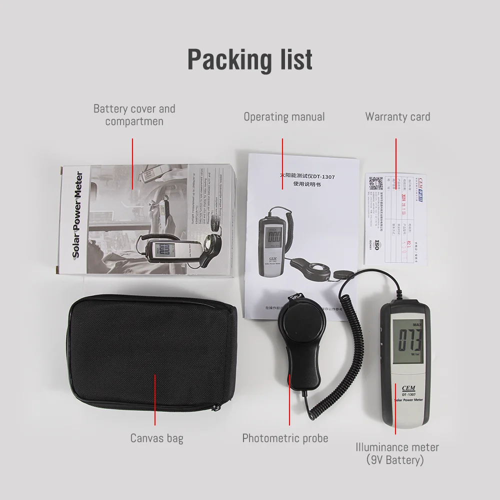 

CEM DT-1307 Solar Power Meter High Accuracy And Rapid Response Data Hold Funtction To Hold Measurement Values