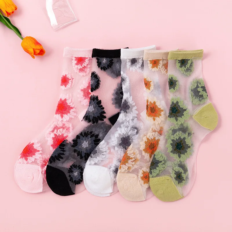 

5 Pairs/Lot Korean Summer Thin Tulle Socks Women Transparent High Crystal Silk Ladies Flowers Girls Vintage Designer Sokken Cute