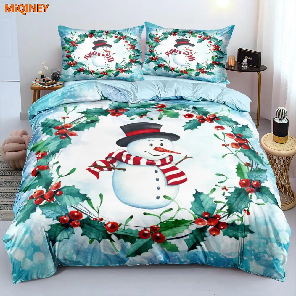 

MiQINEY 3DDuvet Cover and Pillowcase Light Blue Happy Snowman Quilt Covers Set Bedding Bag Sets 3-Piece Bed Linen Bed Textiles