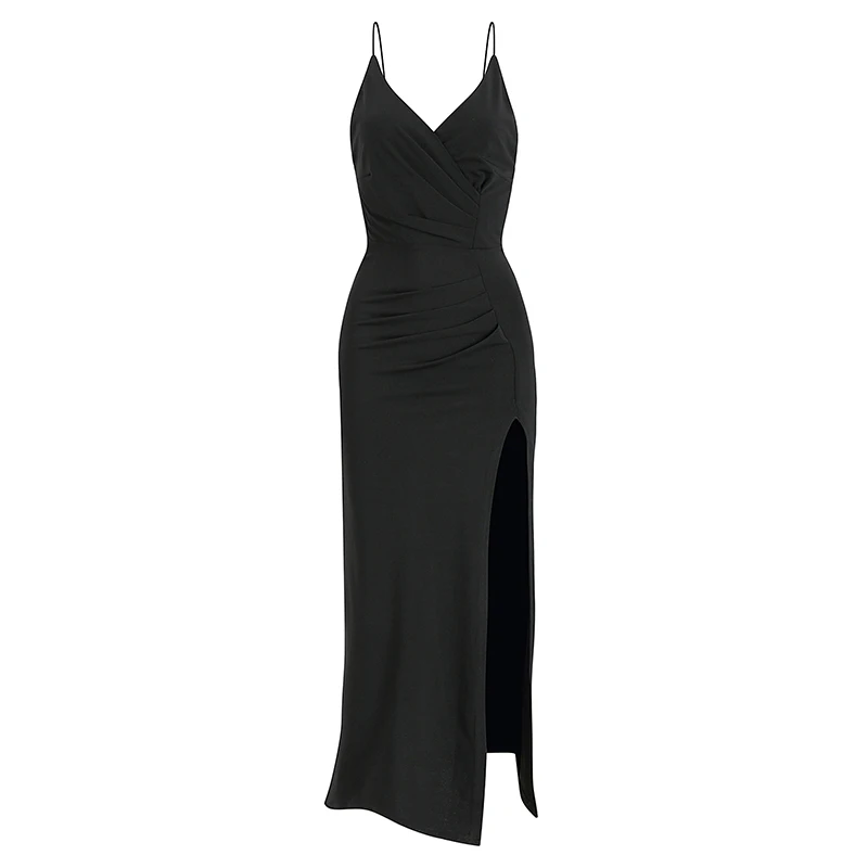 

COIGARSAM Sexy Women dress Summer French Style Backless Spaghetti Strap V-Neck Dresses Black 710
