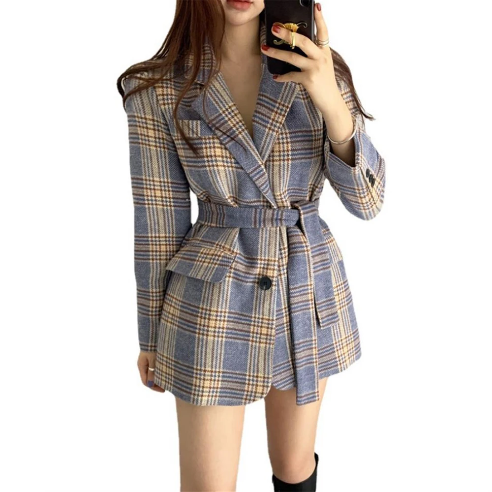 

Retro Women Blends Belts Lattice Pockets Lapel Check Blend Button Coat Slim Fit Coats Casual Winter Warm Fashion Overcoat