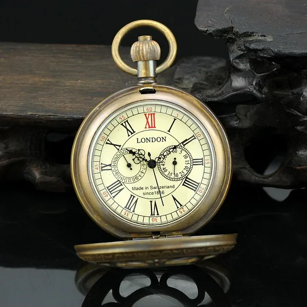 Two Sub-dials Mechanical Pocket Watch Hand Winding Bronze Copper Skeleton Back FOB Chain Vintage Retro Roman Numeral Clock