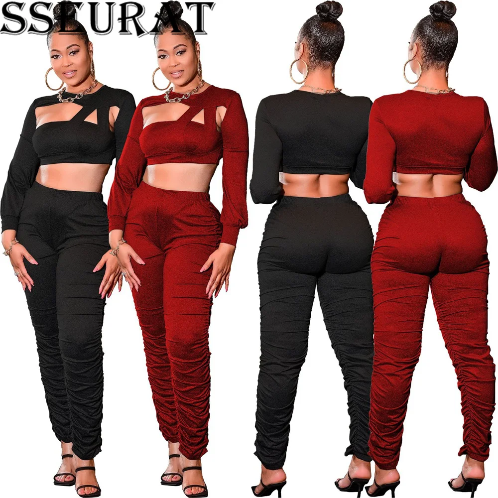 

SSEURAT Women Set Solid Hollow Out Crop T-shirts Tops + Pencil Pants Two Piece Sets Sexy Fashion Outfits Fall Tracksuit