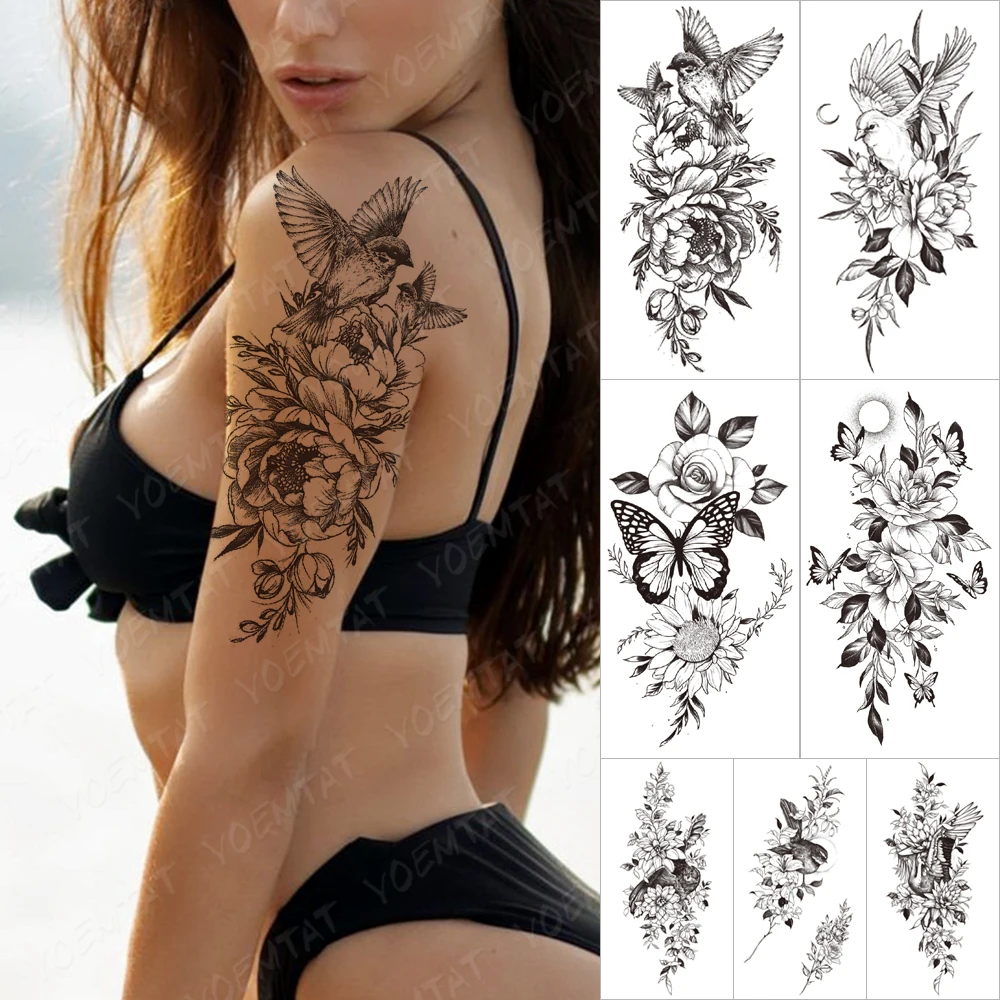 Waterproof Temporary Sleeve Tatooo Stickers Sparrow Peony Flower Transferable Tattoo Sexy Body Art Fake Tatoo Male Women Black