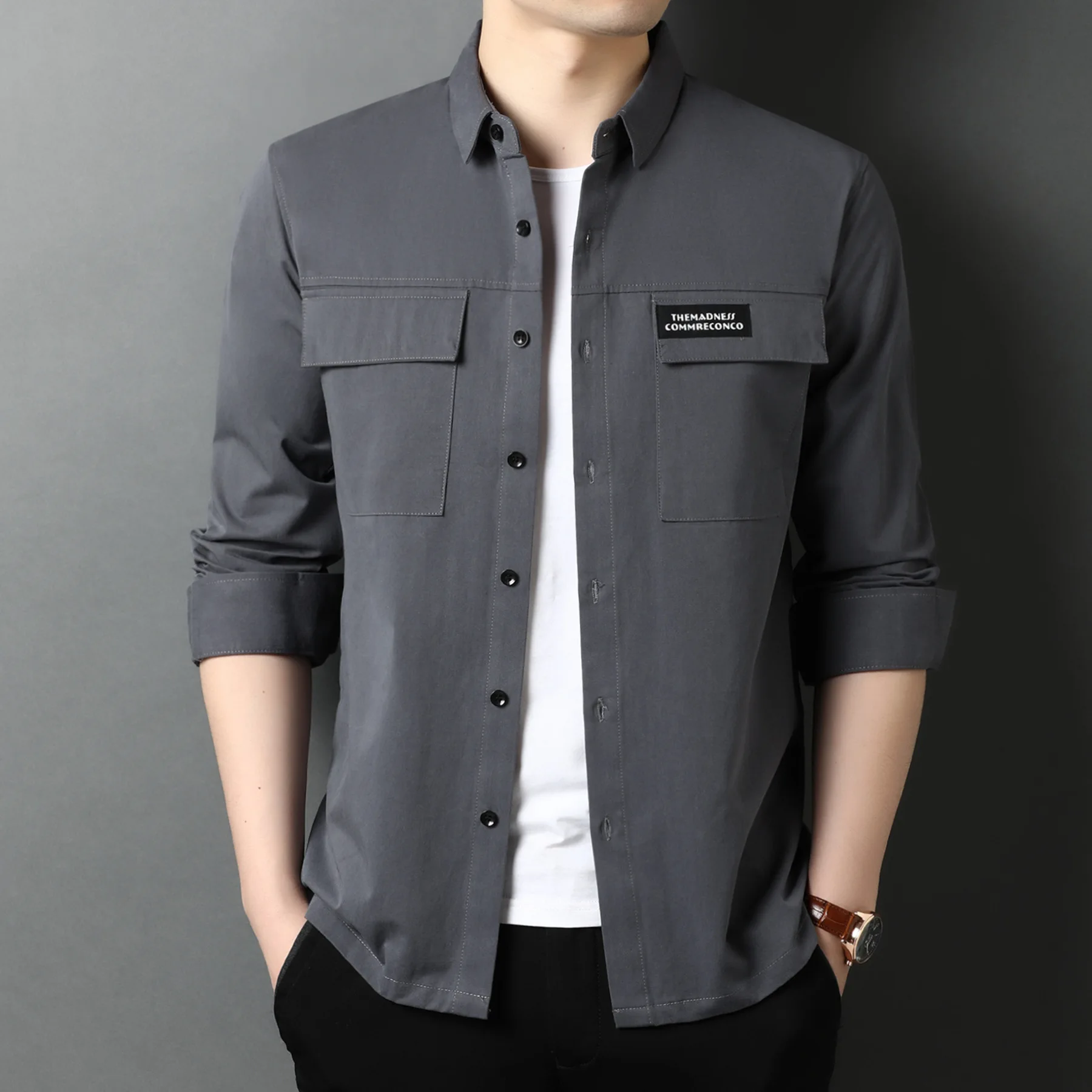 2021 New Spring Autumn High Quality Streetwear Fashion Style Big Pocket 100% Cotton Long Sleeve Shirt Men Clothing