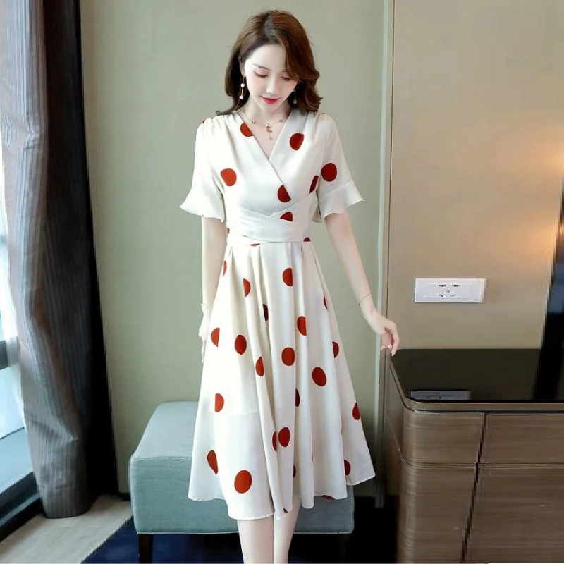 

Elegant Ladies Dresses New Arrival 2020 Fashion Korean Chic Polka Dot Dress Women V Neck High Waist Office Holiday Vestido A5410