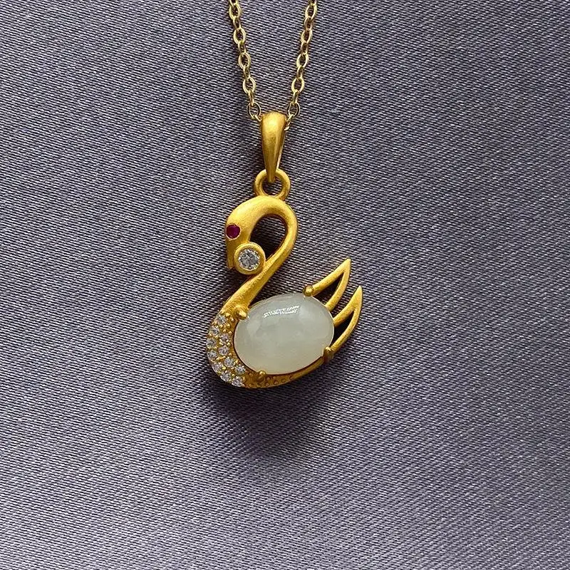 

24K Gold Necklace Pendant Gold Swan Jade Pendant Antique Inlaid White Jade Pendants Female Fine Jewelry For Wedding Anniversary